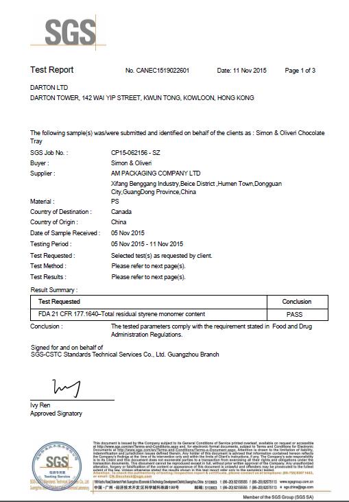 FDA testing report for chocolate packaging